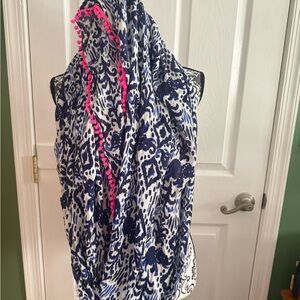 Lilly Pulitzer Indigo Elephant Ikat Scarf | tribal print| Pink Pom Pom Trim